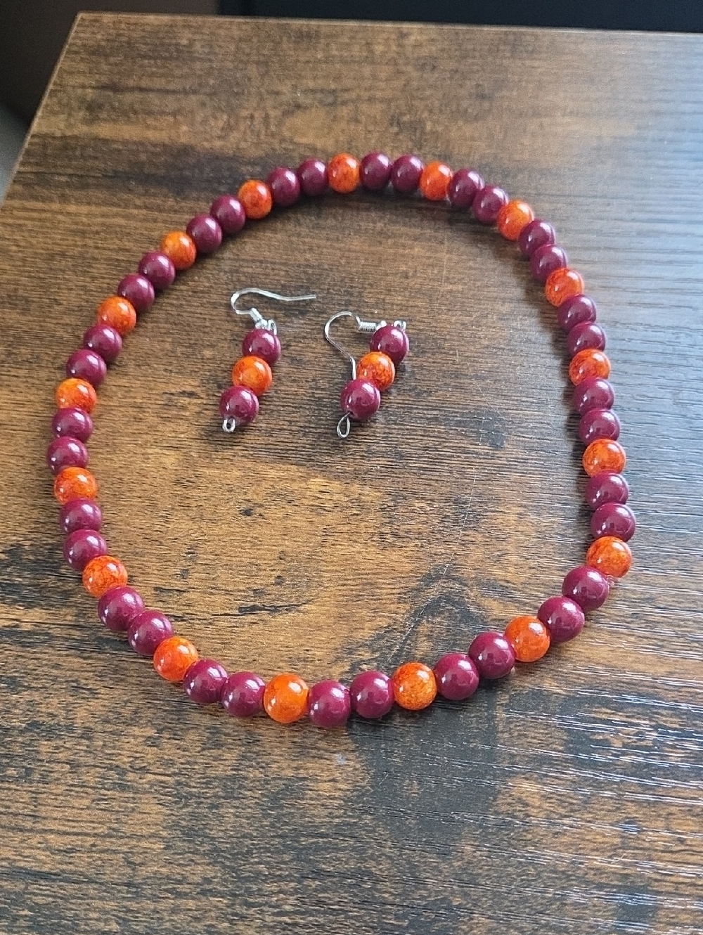 Handmade Burgundy and Orange Beaded Necklace with Matching Earrings